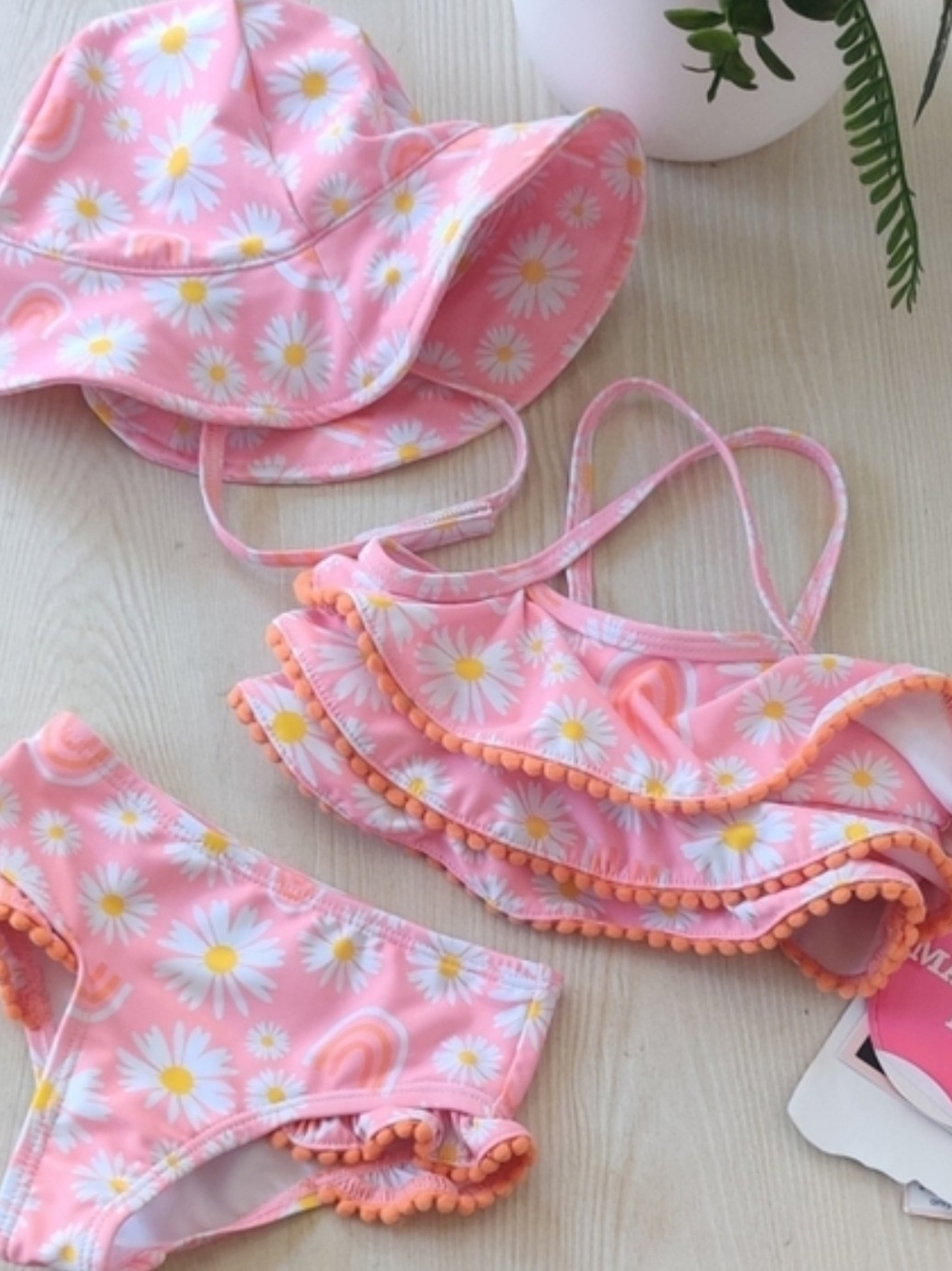 Andy & Evan Pink Daisy and Rainbow Tankini and Matching Hat Set Size 3/6M